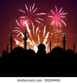 Eid Mubarak Celebration With Mosque Silhouette On Fireworks