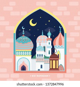 Eid Mubarak Holiday Design, Mosque View From Pink Arch Window