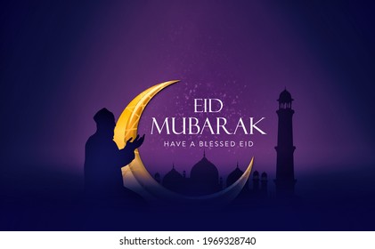 Eid Mubarak Islamic Design Crescent Moon And Arabic Man Praying 
