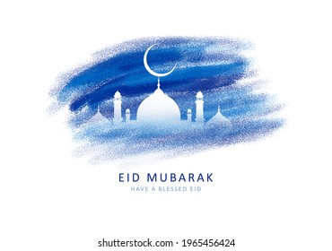 Eid Mubarak Islamic Design Mosque, Crescent Moon and Blue Brushstroke
