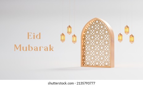 Eid Mubarak Islamic Realistic Decorative White And Gold Banner Background 3d Render 