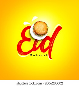 Eid Mubarak And Ramadan Creative Concept Design. Eid Ul-Fitr, Eid Ul-Adha. The Moon Is Made With A Burger Plate Isolated View. Half Bite Burger Food Shape Of Eid Moon. Special Taste Burger. 