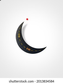 Eid Ul-Fitr, Eid Ul-Adha. Religious Holidays Are Celebrated By Muslims Worldwide. Road Moon-shaped Concept. Go Home During Eid By Car On The Moon. 3D Illustration, 3D Rendering. Eid Mubarak. Ramadan.