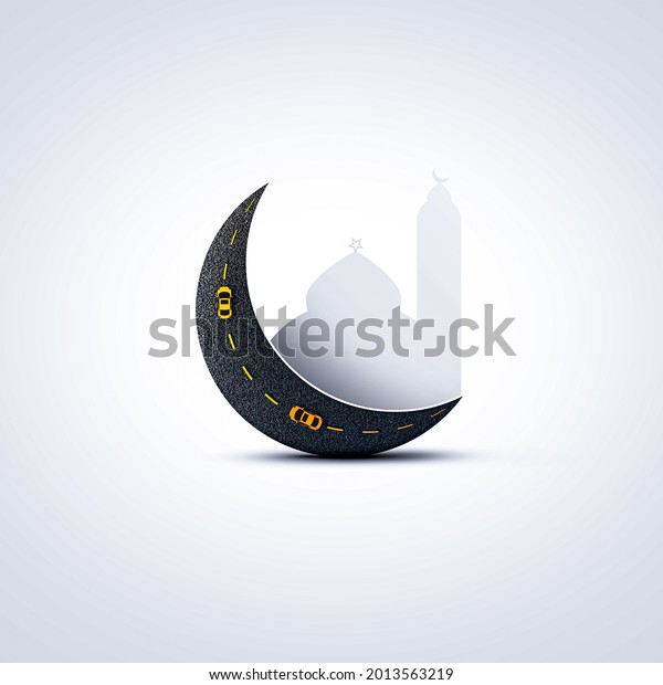 Eid ul-Fitr, Eid ul-Adha. Religious holidays are
celebrated by Muslims worldwide. Road moon-shaped concept. Go home
during Eid by car on the moon. 3D illustration, 3D rendering. Eid
Mubarak. Ramadan.