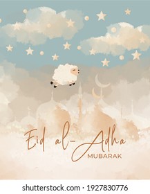 Eid-al Adha illustration with a cute flying lamb