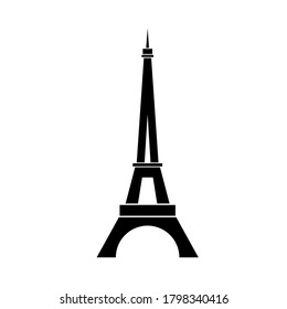 Eiffel Tower Logo Icon. Old Style. Symbol French, Paris, Holiday, Travel Tour. Black Silhouette Tall Building Eifel Tower Isolated White Background. Modern Architecture Design Illustration