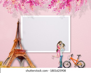 Eiffel Tower Paris France And Couple Man Women Tourrism And Pink Flowers. Abstract Watercolor Painting Illustration Copy Space Text, Popular Famous Landmarks Of The Worlds. 