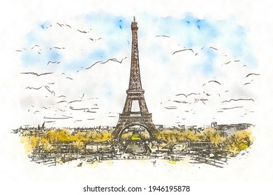 Eiffel Tower In Paris, France, Watercolor Sketch Illustration.