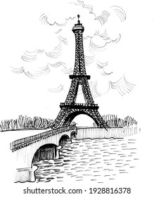 Eiffel Tower In Paris. Ink Black And White Drawing