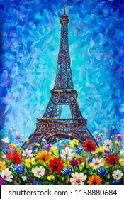 Eiffel Tower, Paris Multicolored spring flowers on a blue background handmade palette knife oil painting. Romantic Eiffel Tower with spring flowers. Fower artwork illustration