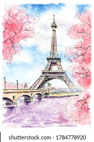 Eiffel tower, Paris. Spring blossom.
Hand painted watercolor illustration.