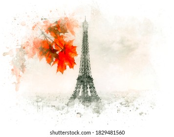 Eiffel Tower In Paris, Watercolor Technique