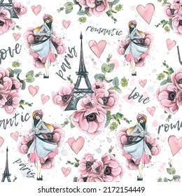 Eiffel Tower and Parisian woman in anemone flowers with pink hearts and inscriptions. Watercolor illustration in sketch style with graphic elements. Seamless pattern from a large set of PARIS.