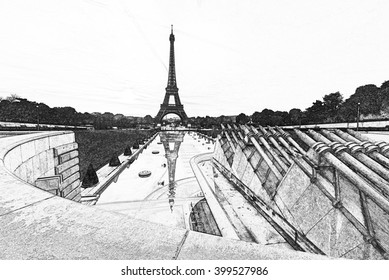 Eiffel tower view from Jardins du Trocad'ero with charcoal sketch effect