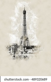 Eiffel Tower. Vintage painting, background illustration, beautiful picture, travel texture