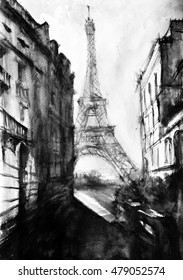 Eiffel tower watercolor. Paris street painting