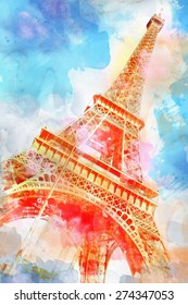 Eiffel-tower Watercolor illustration, Artwork.