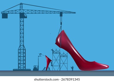 Eight construction workers and equipment work to put a high heel on a woman's shoe in a 3-d illustration about expensive designer shoes.