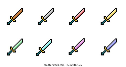 Eight different colored dagger pixel art, suitable for use in fantasy games or as display assets in games, also great for icons and stickers.