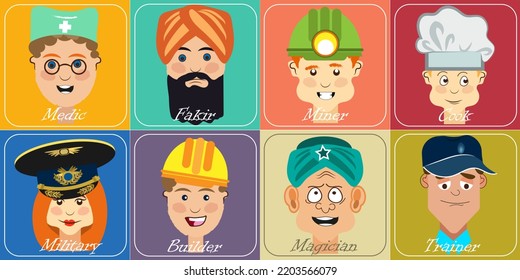 Eight Images Of People Of Different Professions. Icon Set. Collection Of Illustrations