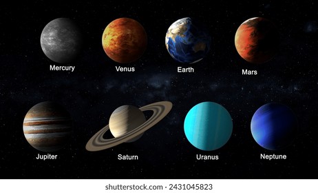 Eight planets in black background 3d illustration