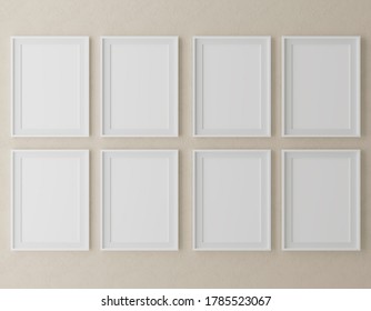 Eight Vertical Wooden Frame Mock Up On Beige Wall Background With Plants, 3d Illustration