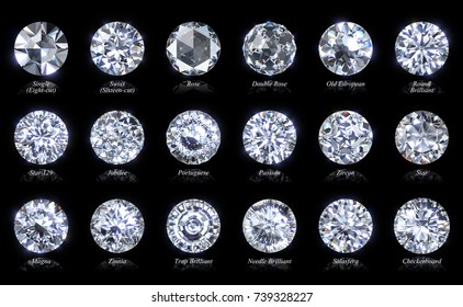 Eighteen varieties of round shape diamond cuts with style names, close-up front view isolated on black background. 3D rendering illustration