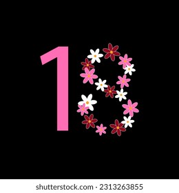 Eighteenth birthday. 18th anniversary. Bright flowers. Number 18. - Powered by Shutterstock