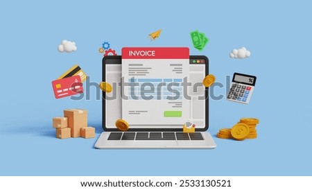 E-Invoice, digital statement software. Finance payment system, accounting, bill, price or tax calculation, business quotation and receipt concept. 3D laptop with invoice document
