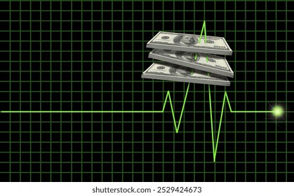 An EKG monitor keeps track of the pulse of the American economy. This is  a 3-d illustration about economic health but it also illustrates the high cost of healthcare in the USA. T