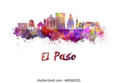 El Paso skyline in watercolor splatters with clipping path