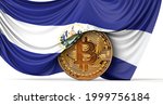 El Salvador flag draped over a bitcoin cryptocurrency coin. 3D Rendering