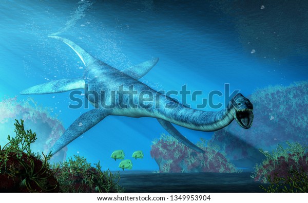 エラスモザウルスが浅い海であなたの方に泳ぐ この首の長い首の首長竜は白亜紀の海に住んだ水生爬虫類だった 3dレンダリング のイラスト素材