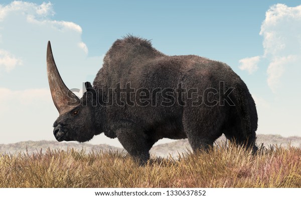 Elasmotherium was a prehistoric cousin of the rhinoceros.  These animal lived in Europe and Asia during the Pleistocene era.  Most notable was the single large horn on their head. 3D Rendering