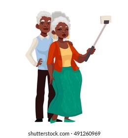 Elder Grey-haired African American Couple Taking Selfie, Cartoon Style Illustration. Older Casually Dressed Black Skinned Man And Woman Taking Pictures Of Themselves Using Phone And Monopod