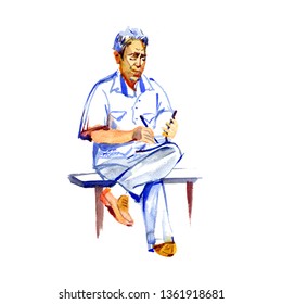 Elder senior man artist drawing in park. Watercolor sketch - Powered by Shutterstock