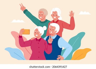 Elder taking selfie on a group tour. Flat illustration of an elderly woman using smartphone to take self-portrait for partners - Powered by Shutterstock