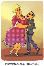 Elderly Couple Dancing. Overweight Tall Woman And A Small Skinny Man.