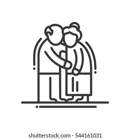 Elderly Couple - Line Design Single Isolated Icon, Pictogram. Old Man And Woman Standing Together