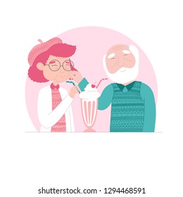 Elderly couple in love  drinking one cocktail  Colorful vector illustration  devoted to Saint Valentine's Day (February 14th)  Love knows no age concept  
