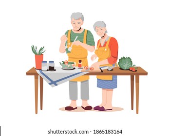 Elderly couple preparing healthy meal on table with organic food products. old man and woman in aprons cooking dinner. Greens, vegetables, cabbage and carrot, salad and seasonings salt, pepper - Powered by Shutterstock