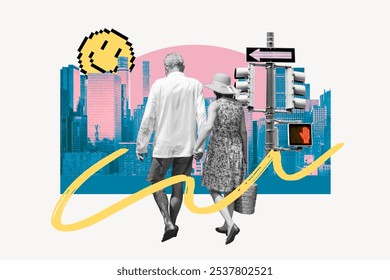 Elderly couple walking in cityscape collage on with background. Urban background with skyscrapers, traffic lights. Elderly couple enjoying city life, holding hands, exploring urban scenery. - Powered by Shutterstock