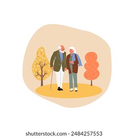 An elderly couple walking in a fall park. The concept of active old age and support for older people. Vector illustration. 