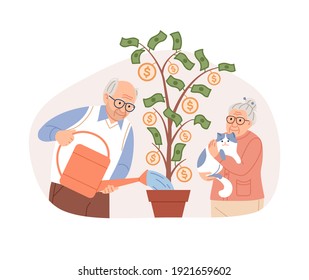 Elderly couple watering potted money tree, coins, dollars. Pension fund saving plan concept. Aged people retirement planning. Happy pensioners with cat. Seniors characters cartoon illustration. - Powered by Shutterstock