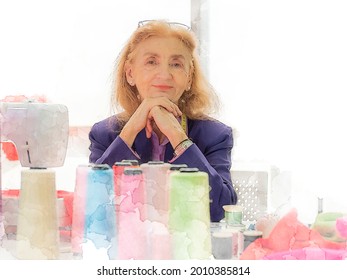 Elderly dressmaker sitting at desk working on sewing machine in the factory. Art watercolor texture of senior fashion designer looking at camera smile. Older aged people isolated on white background. - Powered by Shutterstock