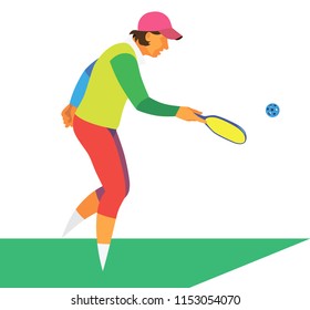 An Elderly Energetic Woman In A Red Baseball Is Playing A Pickleball On A Tennis Court