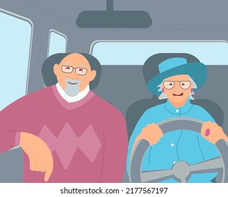 Elderly female driver and senior passenger character inside a car. Collection of driving routines. Flat Art  Illustration - Powered by Shutterstock