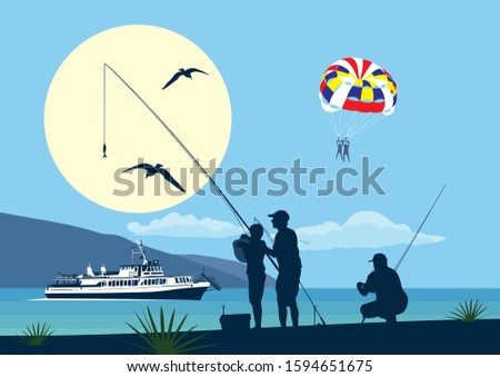 An elderly fisherman on the shore with a spinning rod. Fishing at sea. Mountains, seagulls, ship