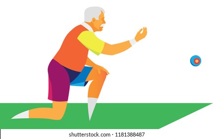 An Elderly Gray-haired Man Is A Pensioner Who Plays In The Old British Game In Bowls On The Grass