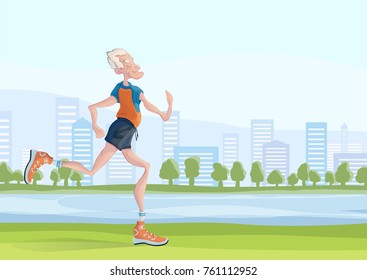 An elderly gray-haired man practice Jogging outdoors. Active lifestyle and sport activities in old age. Illustration with copy space for text. Raster version. - Powered by Shutterstock